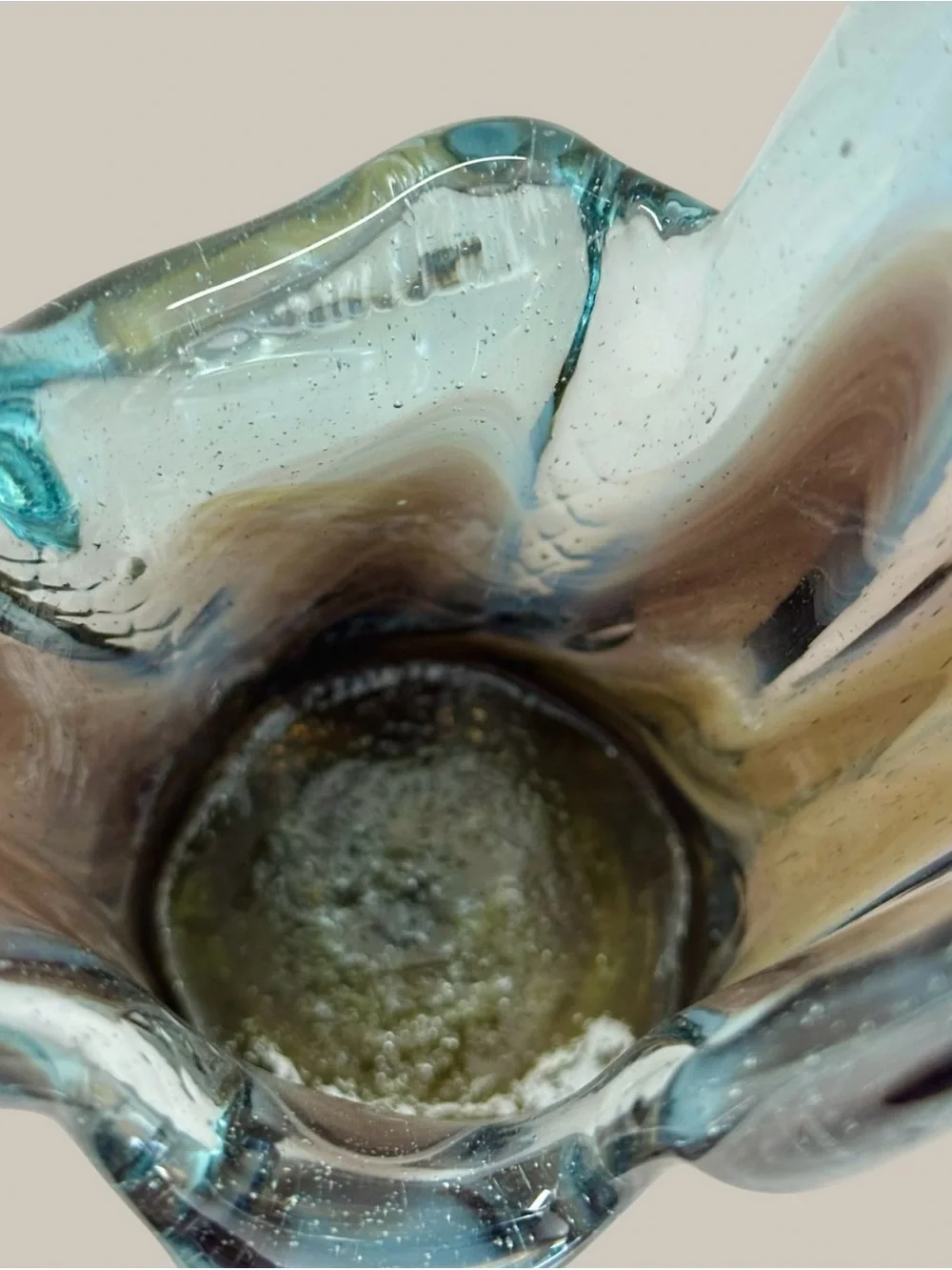 Murano Style Hand Blown Art Glass Basket Vase Blue Gray Swirl Controlled Bubble